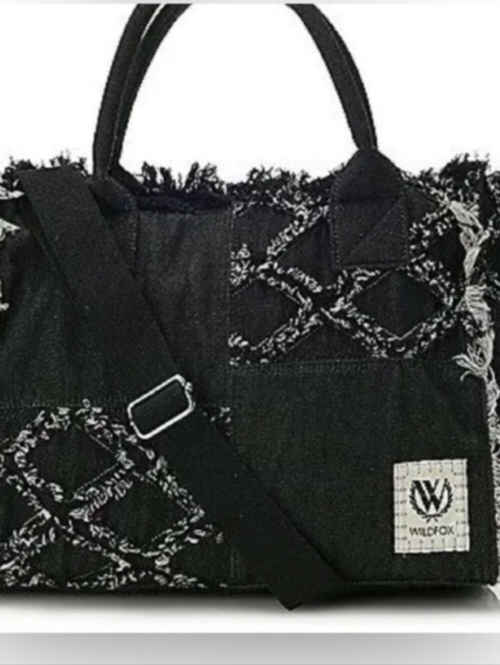 Wildfox Black Fringed Tote with Cross-Stitch Detail
